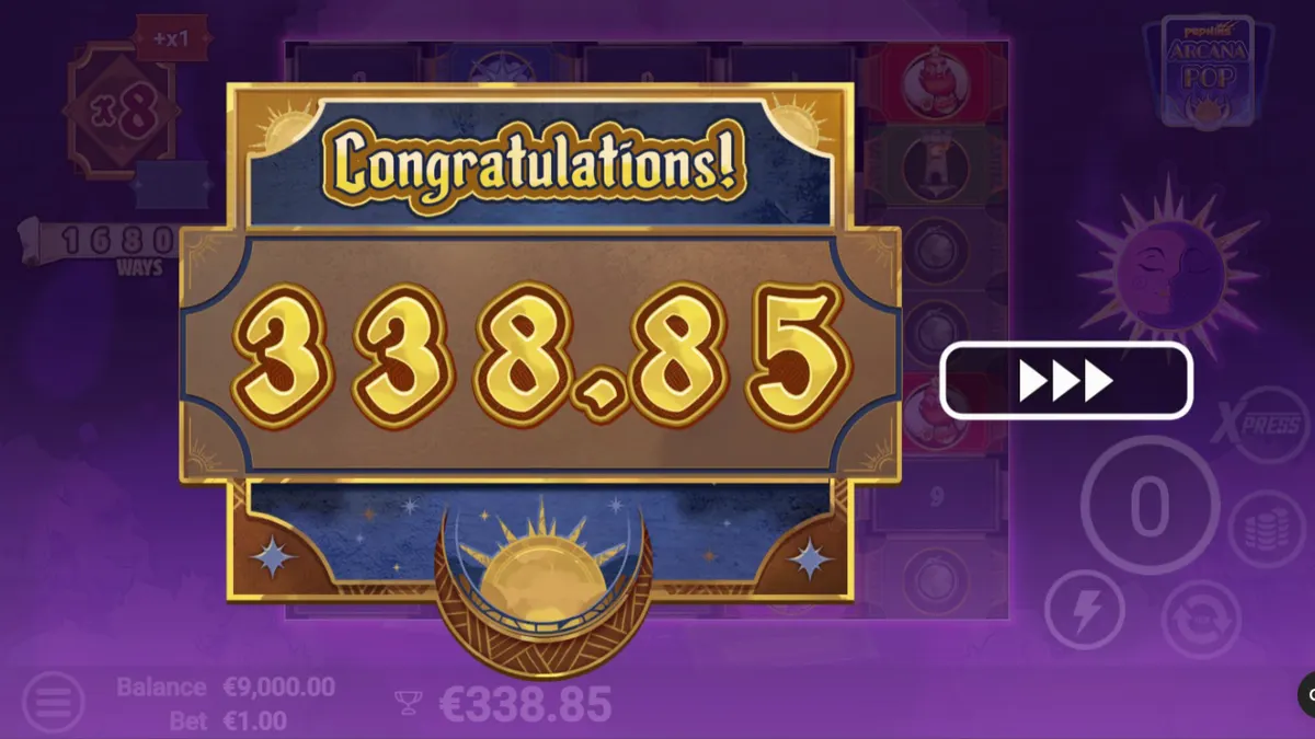 Tampilan visual slot Arcana Pop dengan tema tarot dan simbol mistis