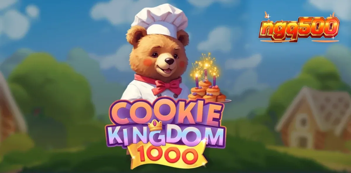 Tampilan visual permainan slot Cookie Kingdom 1000 dengan tema permen dan beruang pembuat kue.