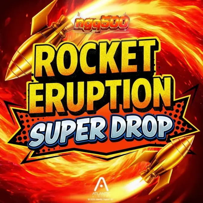 Tampilan layar utama game slot Rocket Eruption Super Drop dengan tema gunung berapi dan dinosaurus
